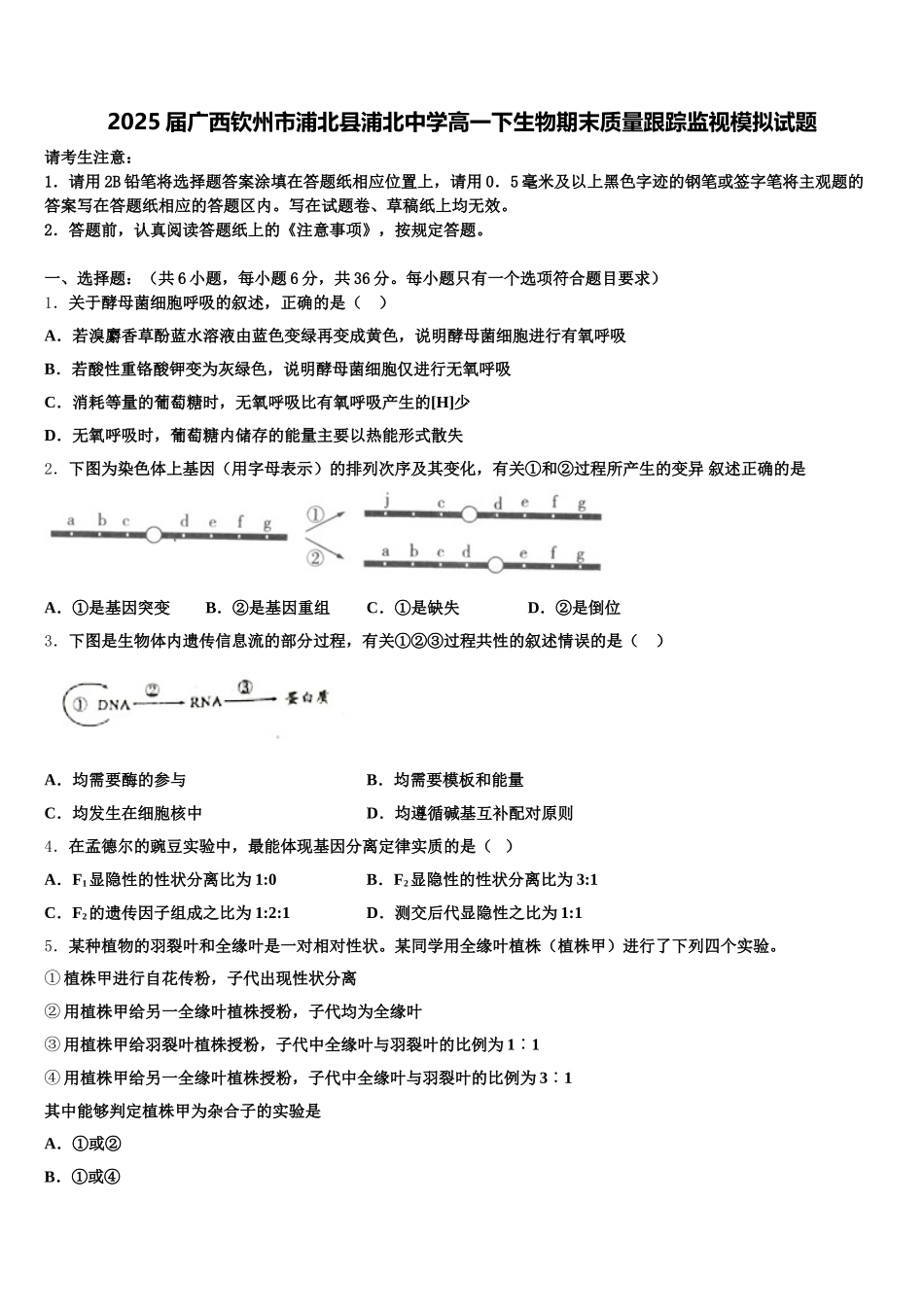 2025届广西钦州市浦北县浦北中学高一下生物期末质量跟踪监视模拟试题含解析_第1页