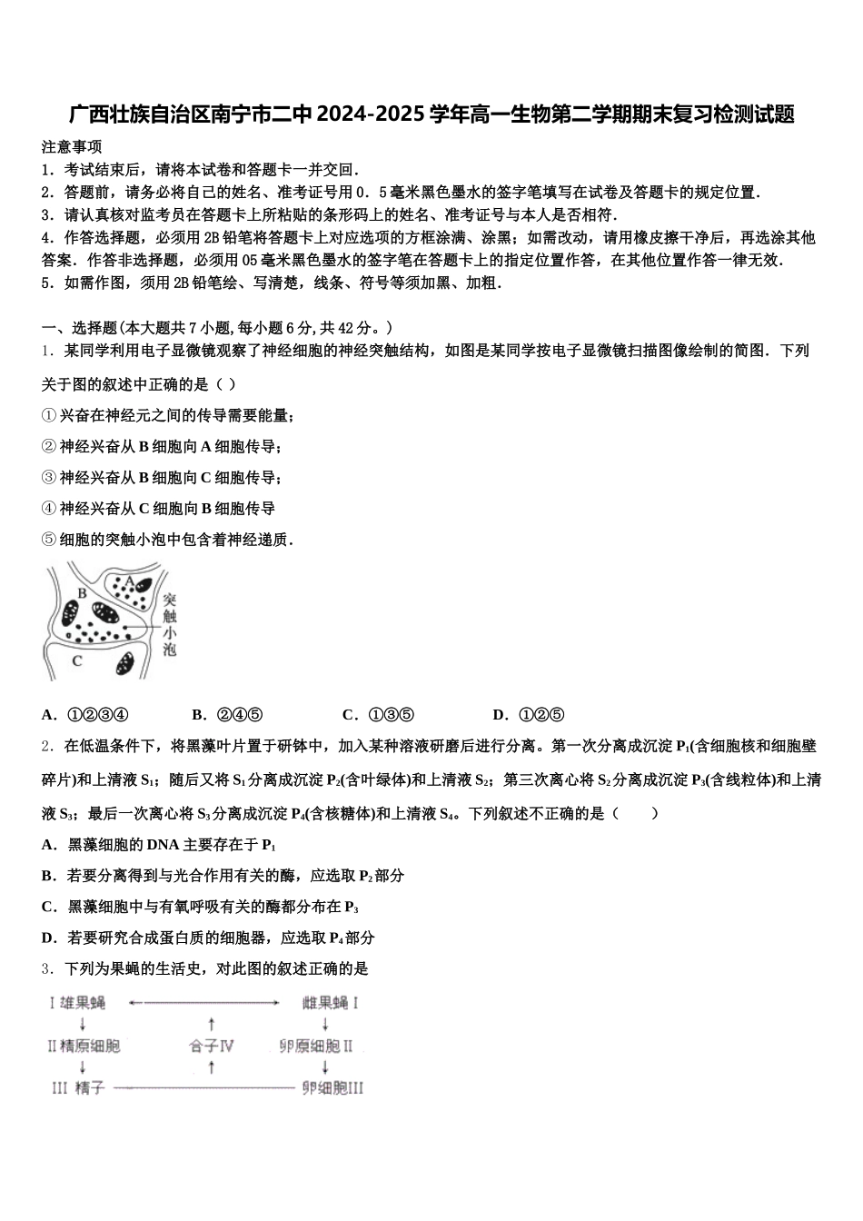 广西壮族自治区南宁市二中2024-2025学年高一生物第二学期期末复习检测试题含解析_第1页