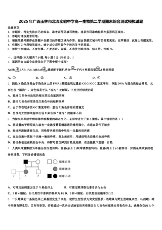 2025年广西玉林市北流实验中学高一生物第二学期期末综合测试模拟试题含解析