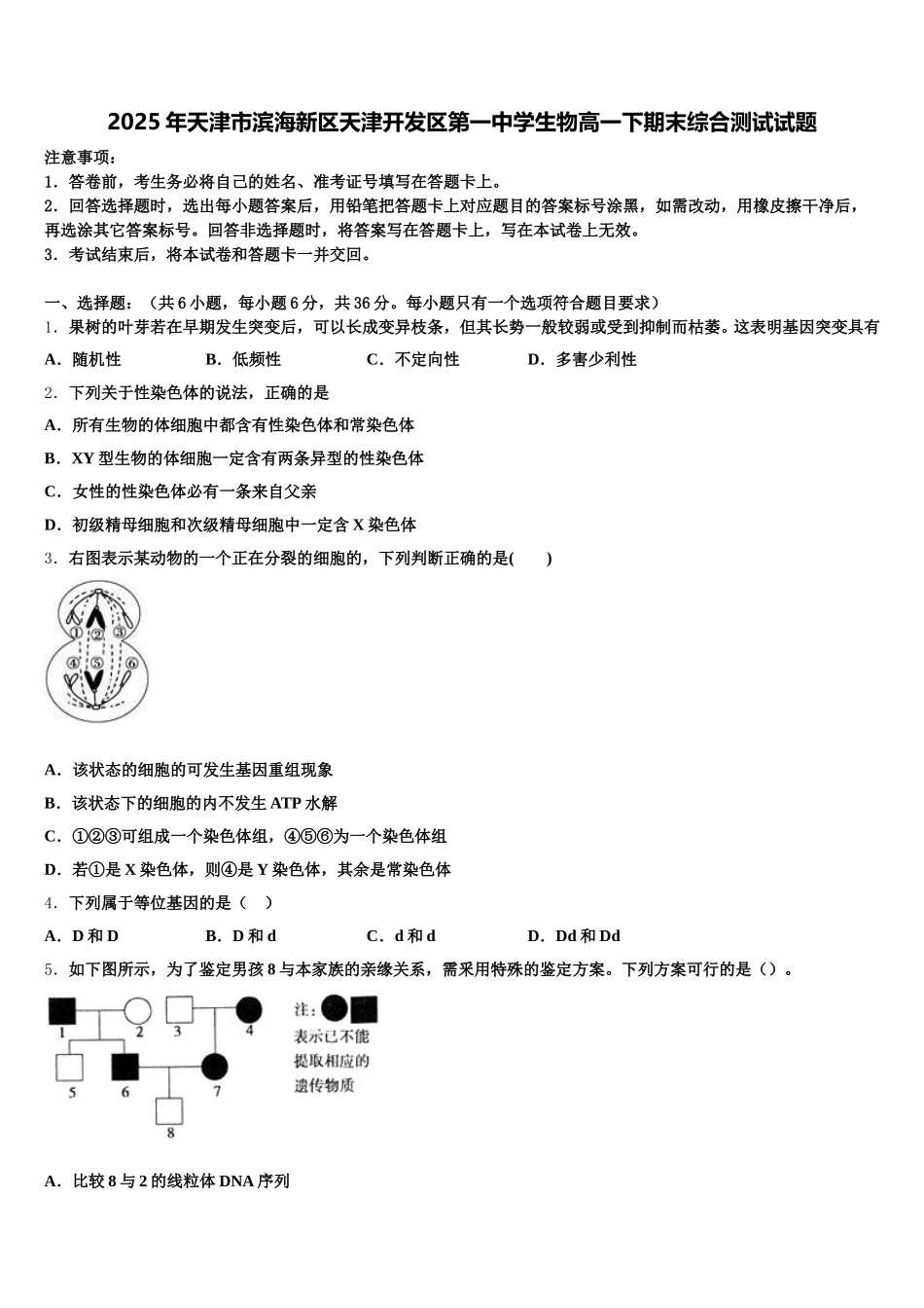 2025年天津市滨海新区天津开发区第一中学生物高一下期末综合测试试题含解析_第1页
