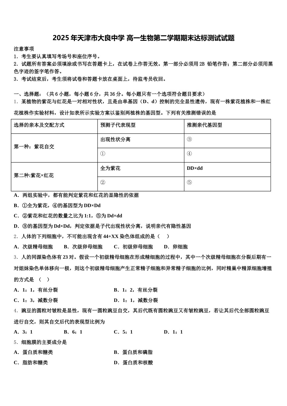 2025年天津市大良中学 高一生物第二学期期末达标测试试题含解析_第1页