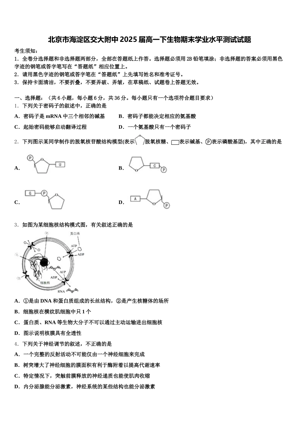 北京市海淀区交大附中2025届高一下生物期末学业水平测试试题含解析_第1页