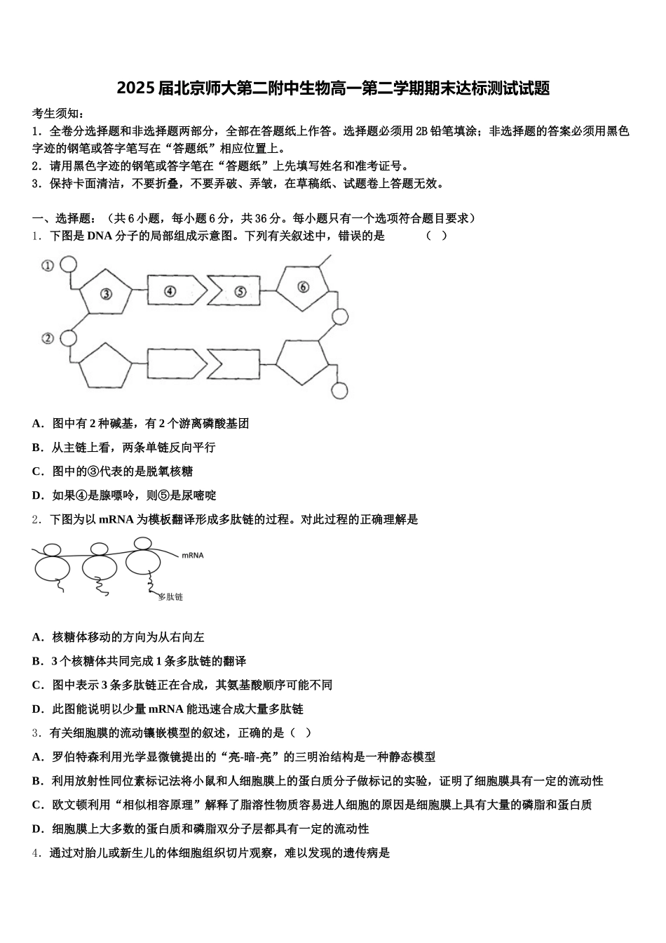 2025届北京师大第二附中生物高一第二学期期末达标测试试题含解析_第1页