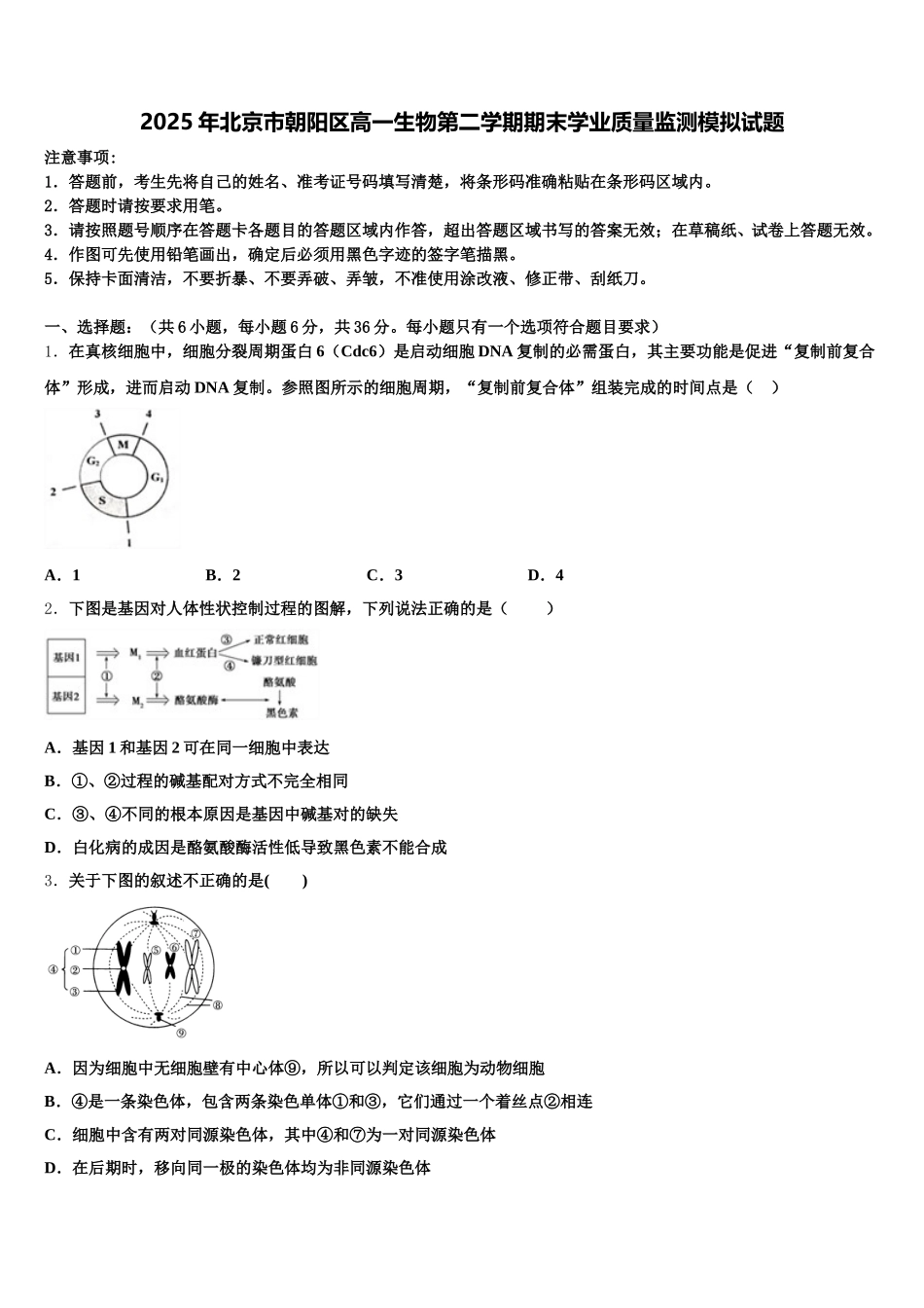 2025年北京市朝阳区高一生物第二学期期末学业质量监测模拟试题含解析_第1页