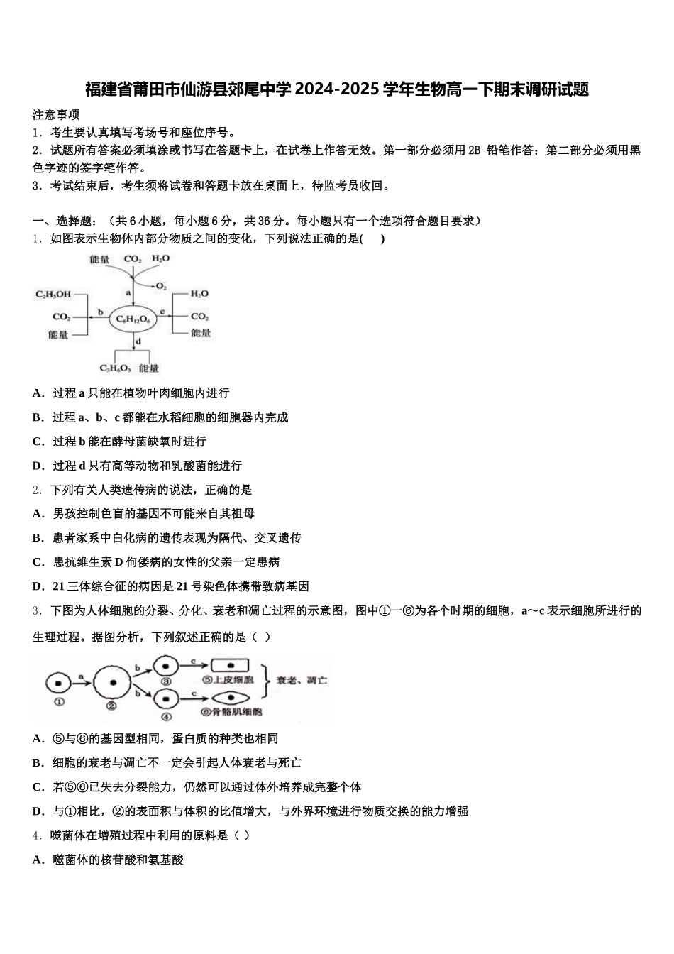 福建省莆田市仙游县郊尾中学2024-2025学年生物高一下期末调研试题含解析_第1页