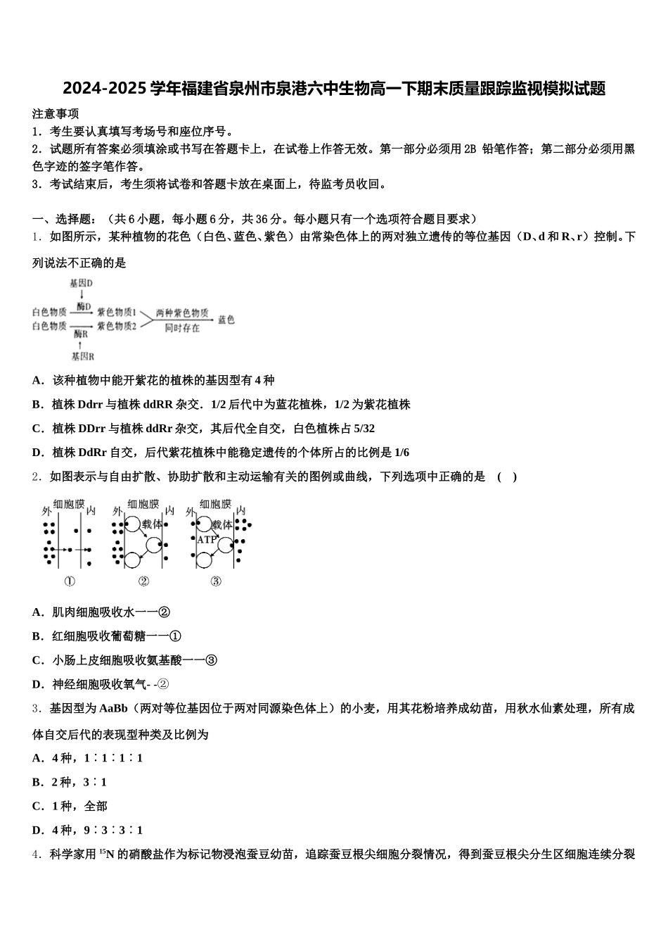 2024-2025学年福建省泉州市泉港六中生物高一下期末质量跟踪监视模拟试题含解析_第1页
