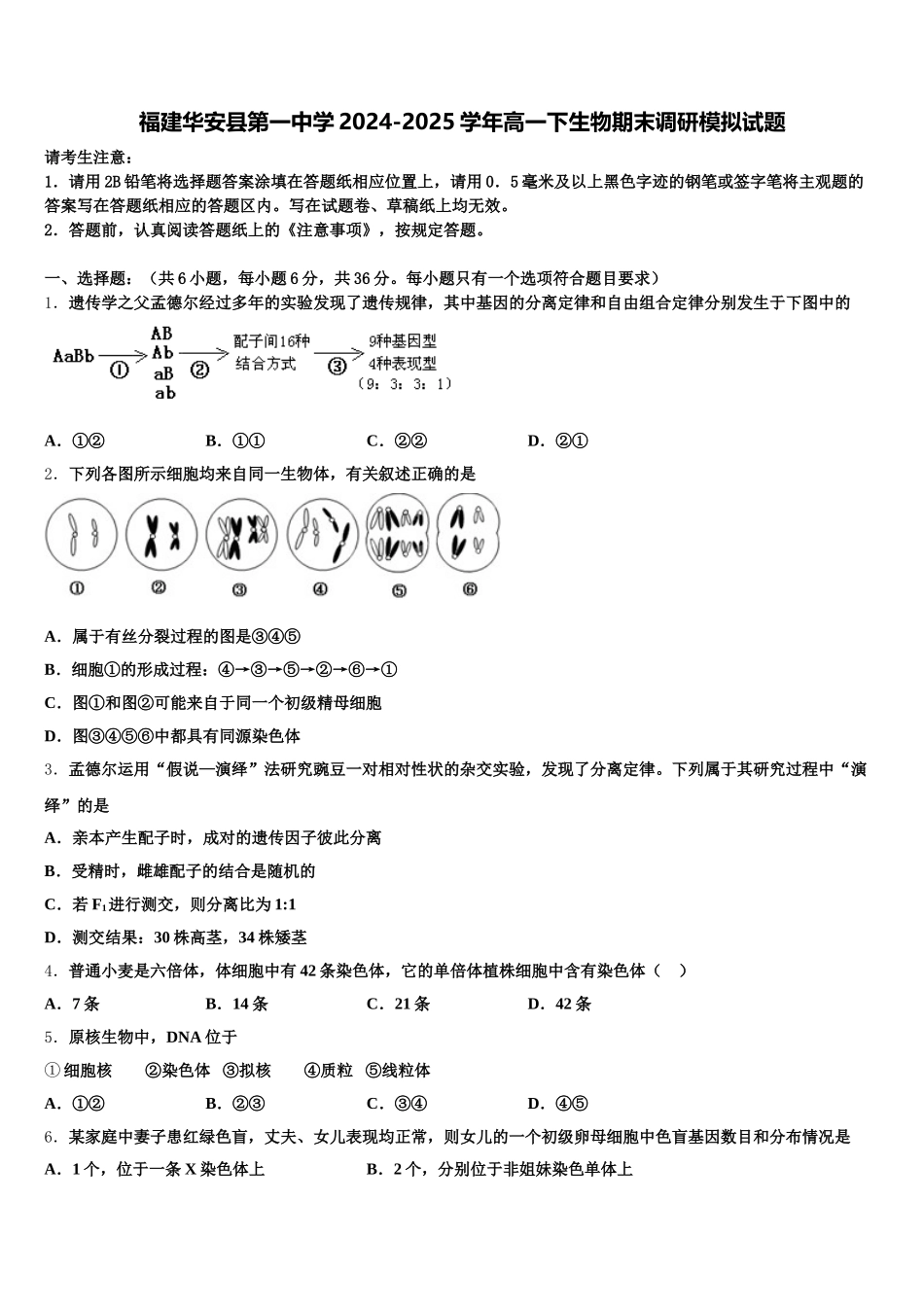 福建华安县第一中学2024-2025学年高一下生物期末调研模拟试题含解析_第1页