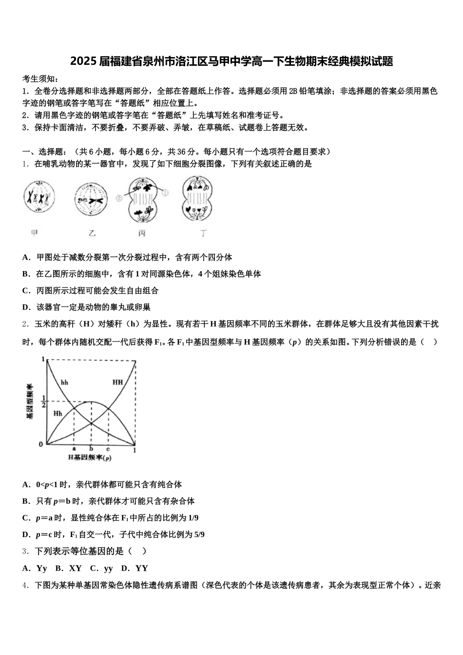 2025届福建省泉州市洛江区马甲中学高一下生物期末经典模拟试题含解析_第1页