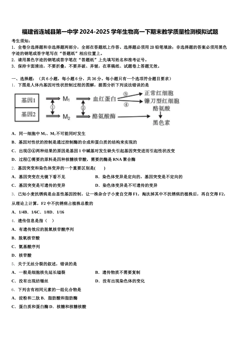 福建省连城县第一中学2024-2025学年生物高一下期末教学质量检测模拟试题含解析_第1页