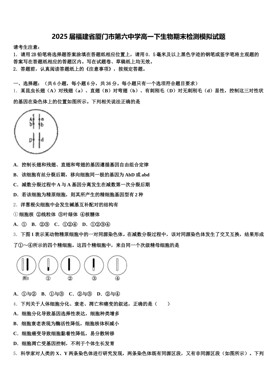 2025届福建省厦门市第六中学高一下生物期末检测模拟试题含解析_第1页