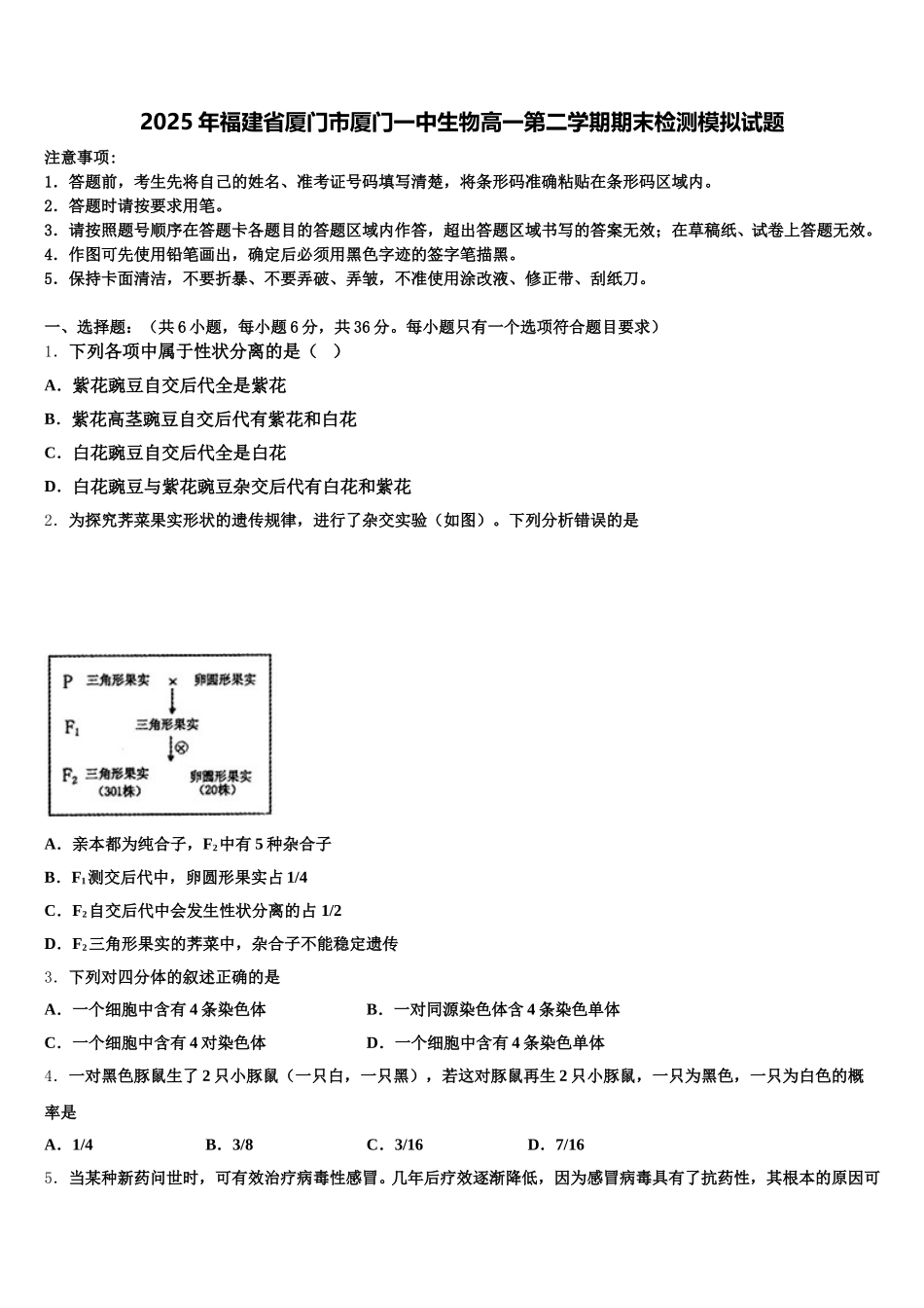2025年福建省厦门市厦门一中生物高一第二学期期末检测模拟试题含解析_第1页