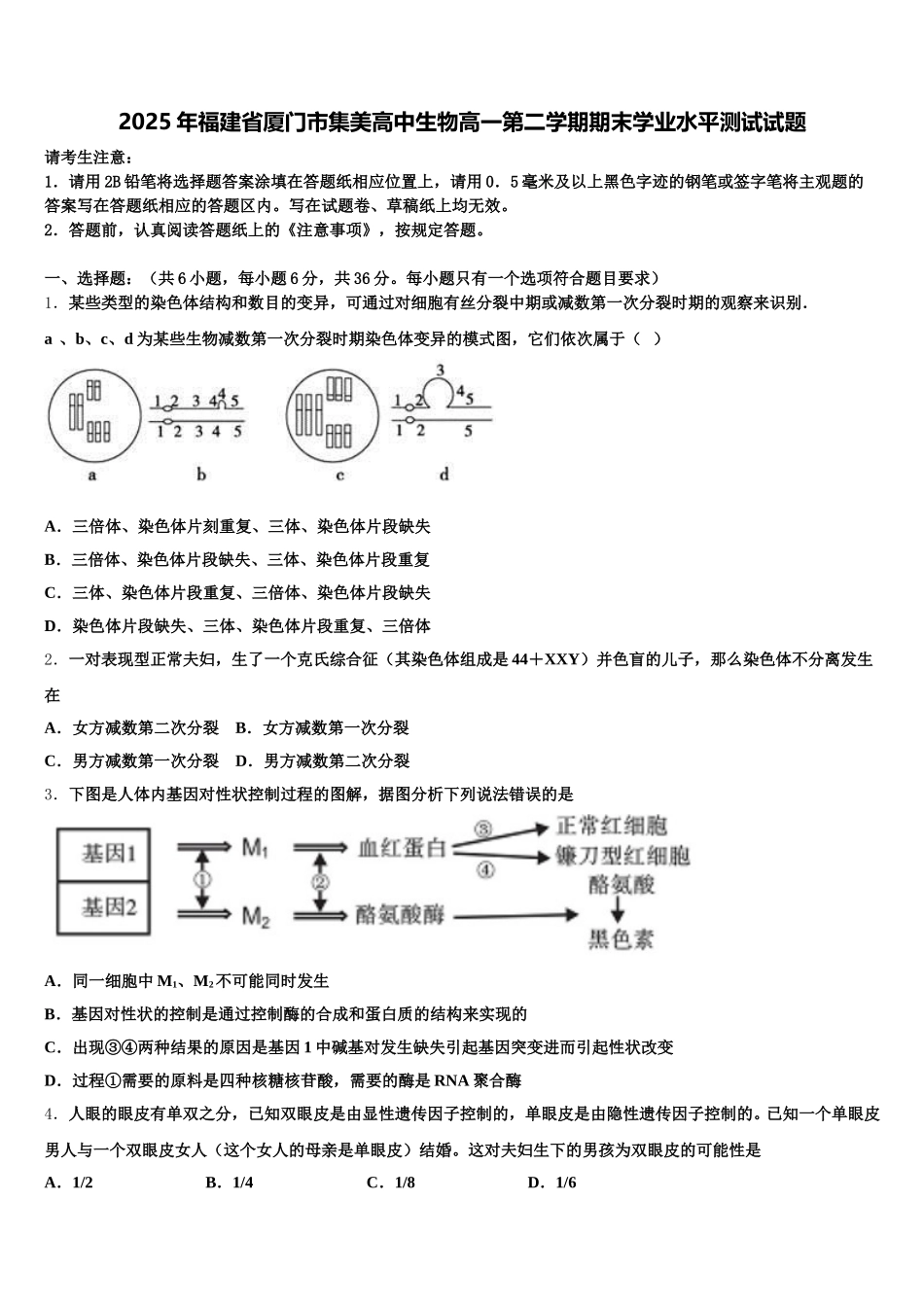 2025年福建省厦门市集美高中生物高一第二学期期末学业水平测试试题含解析_第1页