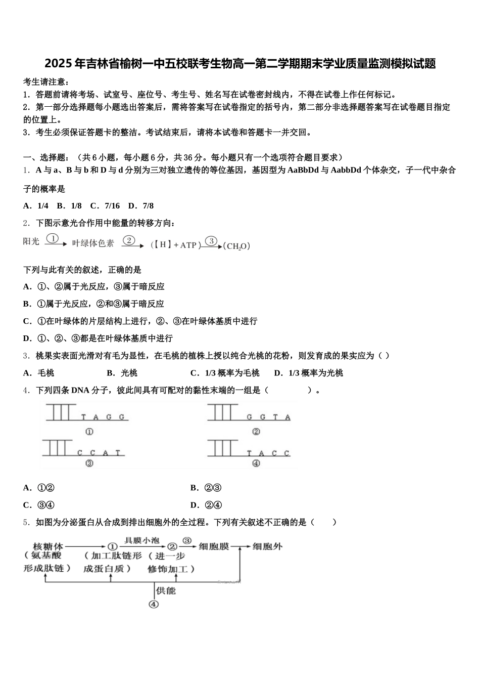 2025年吉林省榆树一中五校联考生物高一第二学期期末学业质量监测模拟试题含解析_第1页