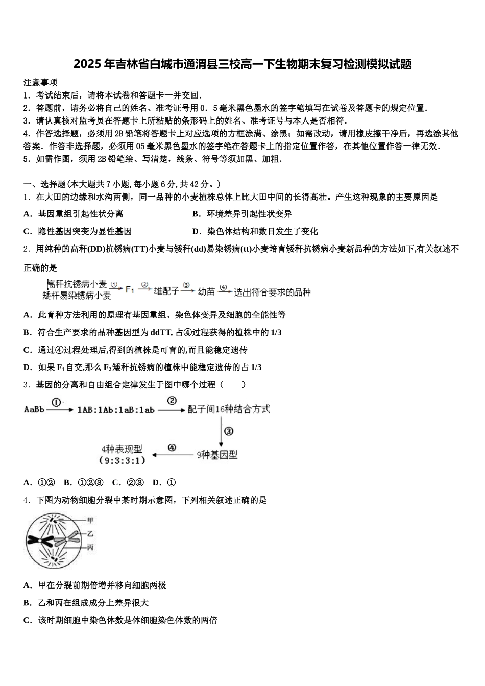 2025年吉林省白城市通渭县三校高一下生物期末复习检测模拟试题含解析_第1页