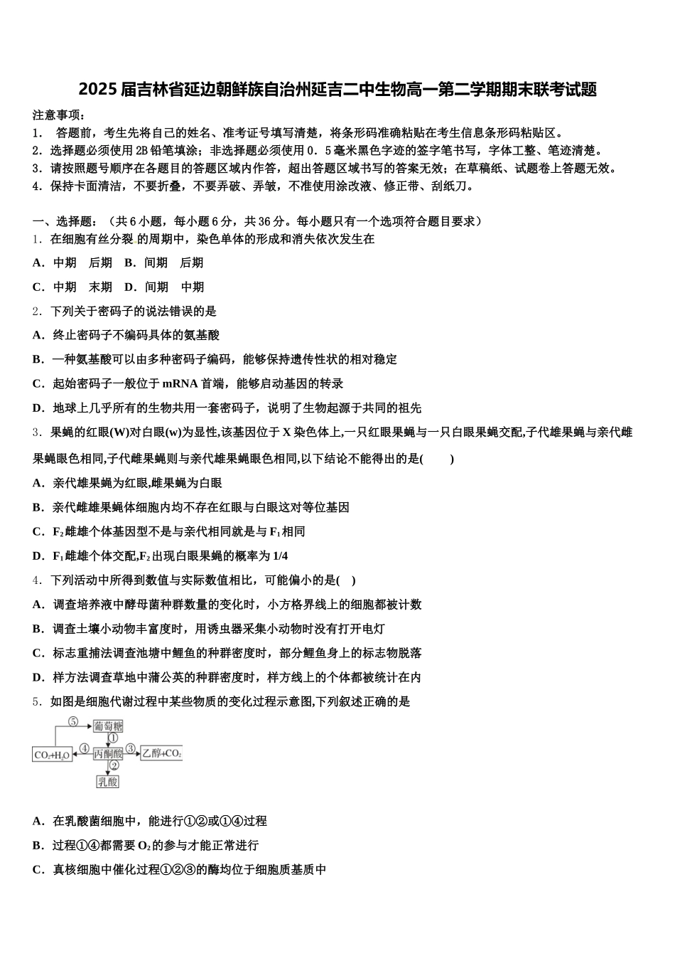 2025届吉林省延边朝鲜族自治州延吉二中生物高一第二学期期末联考试题含解析_第1页