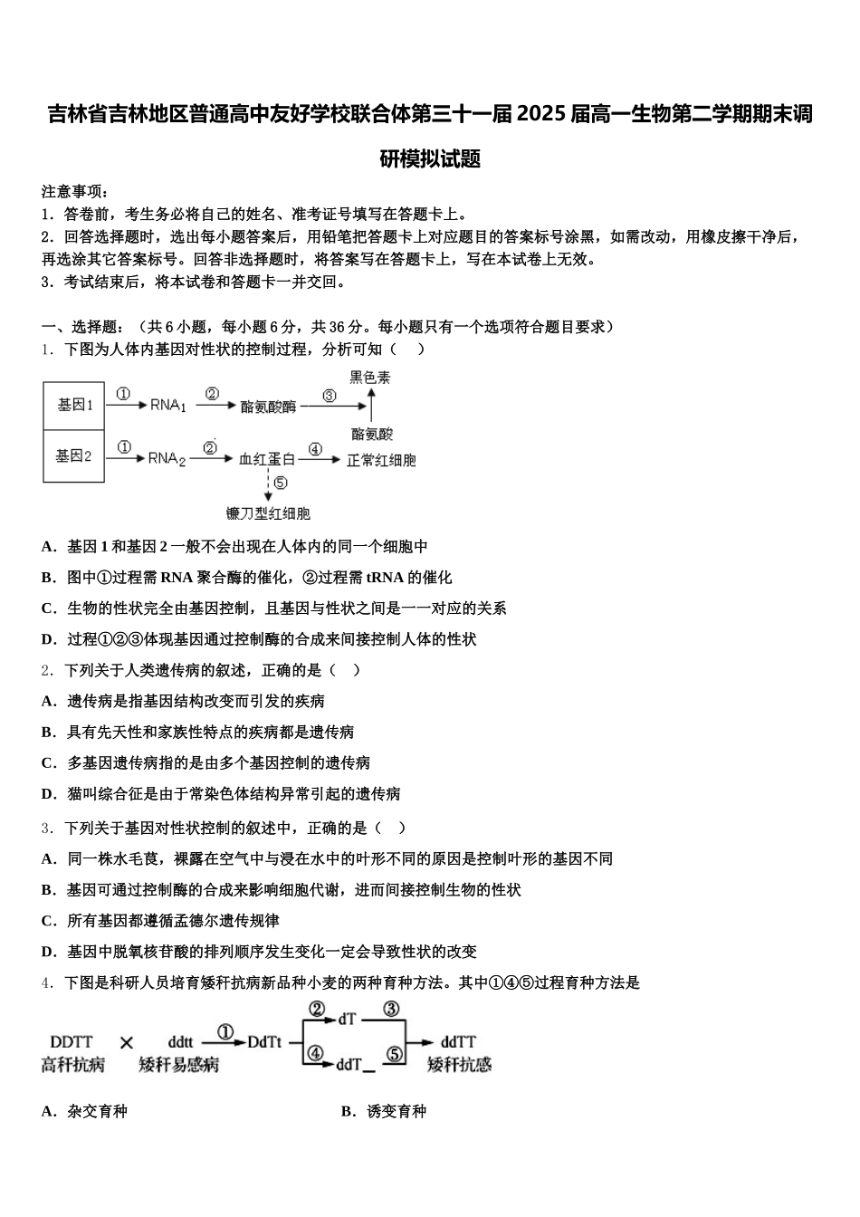 吉林省吉林地区普通高中友好学校联合体第三十一届2025届高一生物第二学期期末调研模拟试题含解析_第1页