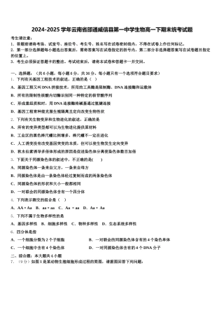 2024-2025学年云南省邵通威信县第一中学生物高一下期末统考试题含解析