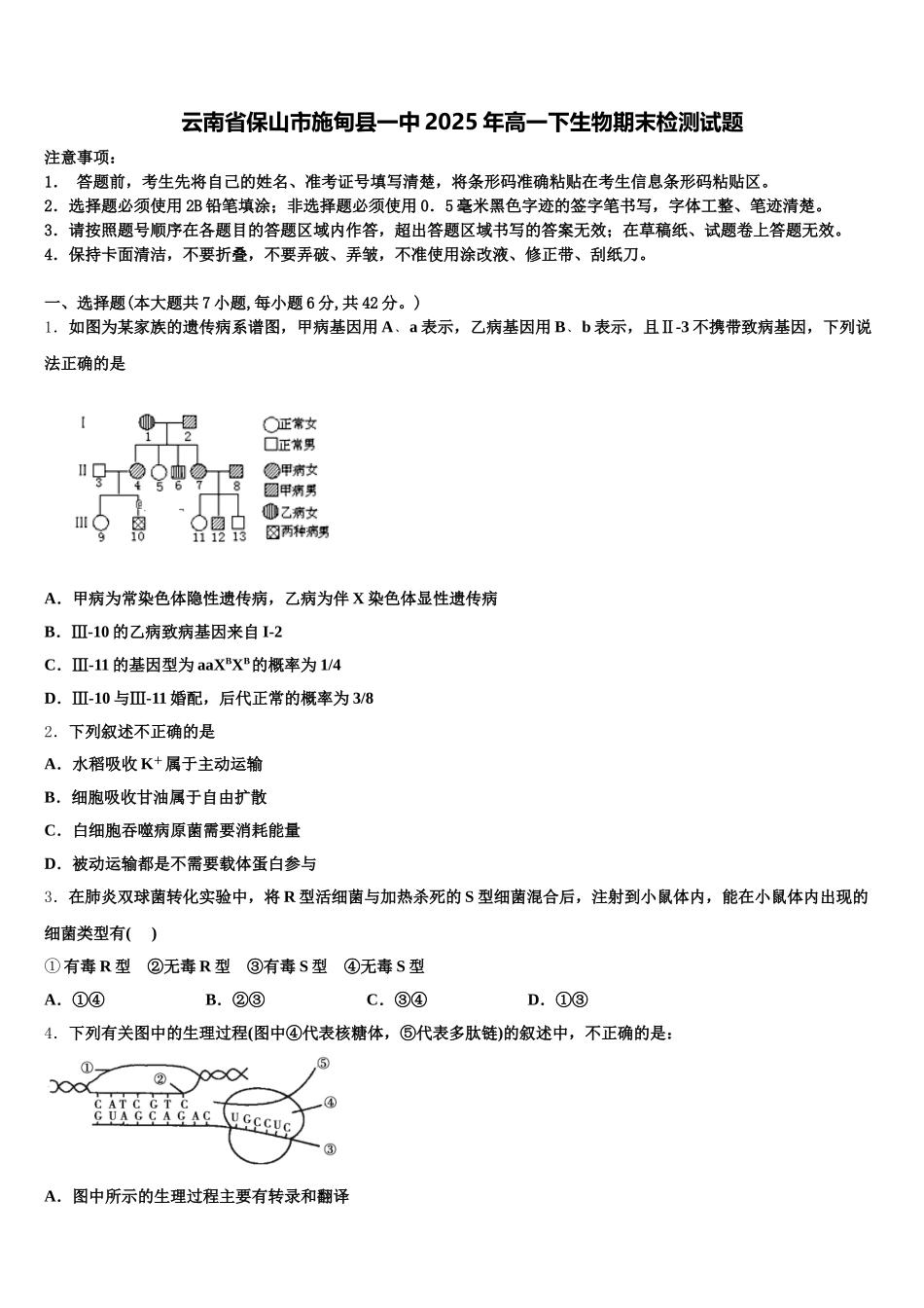 云南省保山市施甸县一中2025年高一下生物期末检测试题含解析_第1页