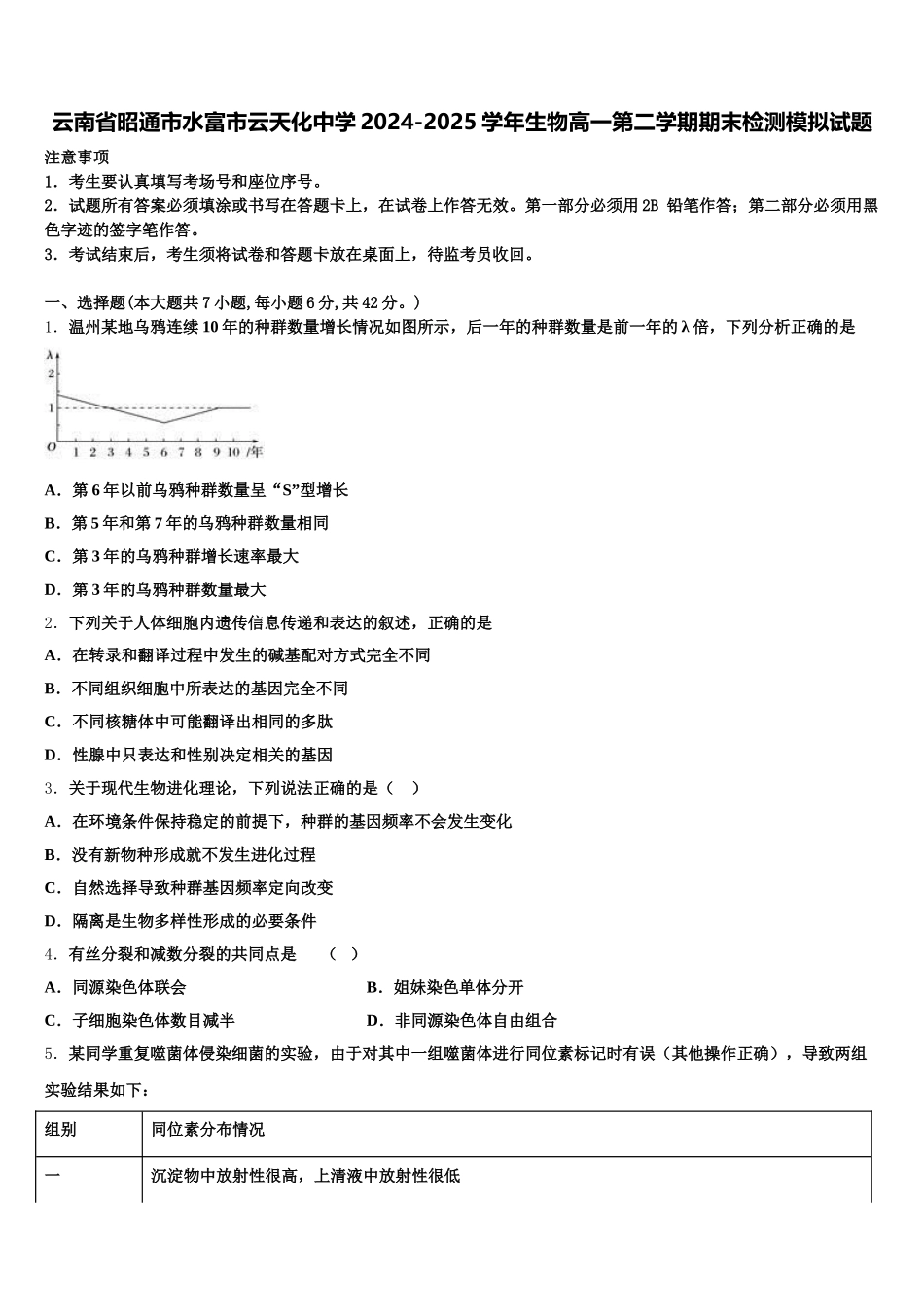 云南省昭通市水富市云天化中学2024-2025学年生物高一第二学期期末检测模拟试题含解析_第1页