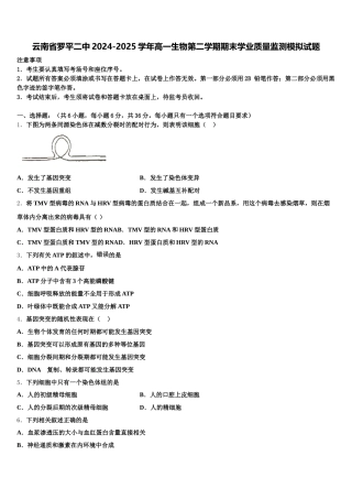 云南省罗平二中2024-2025学年高一生物第二学期期末学业质量监测模拟试题含解析
