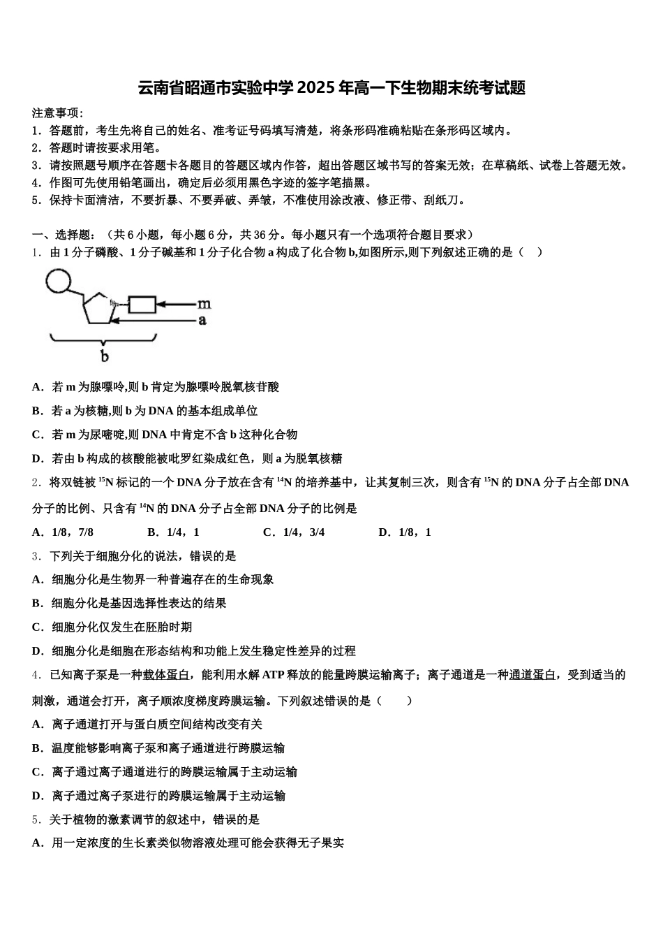 云南省昭通市实验中学2025年高一下生物期末统考试题含解析_第1页