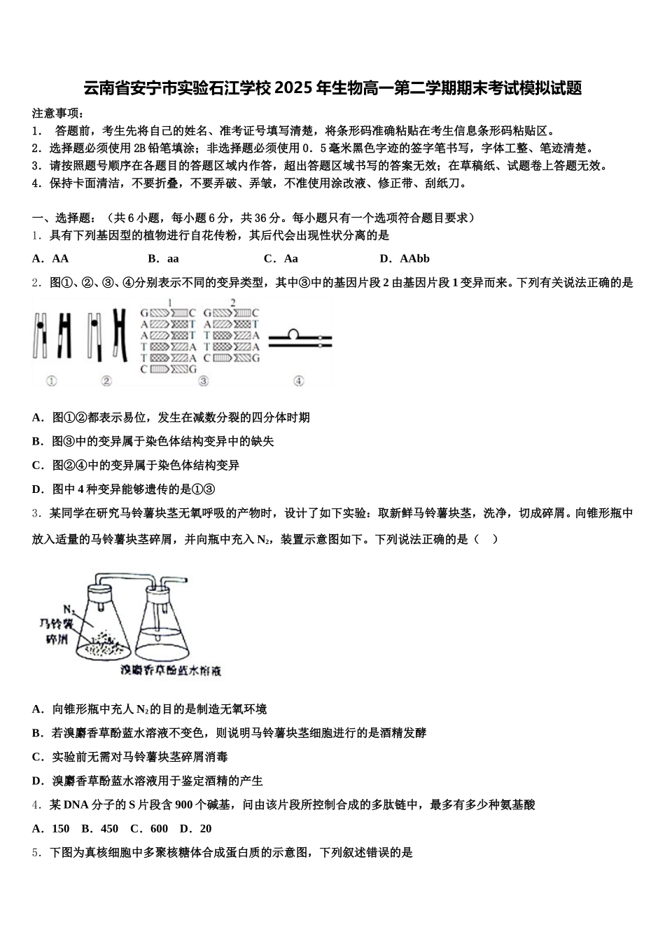 云南省安宁市实验石江学校2025年生物高一第二学期期末考试模拟试题含解析_第1页