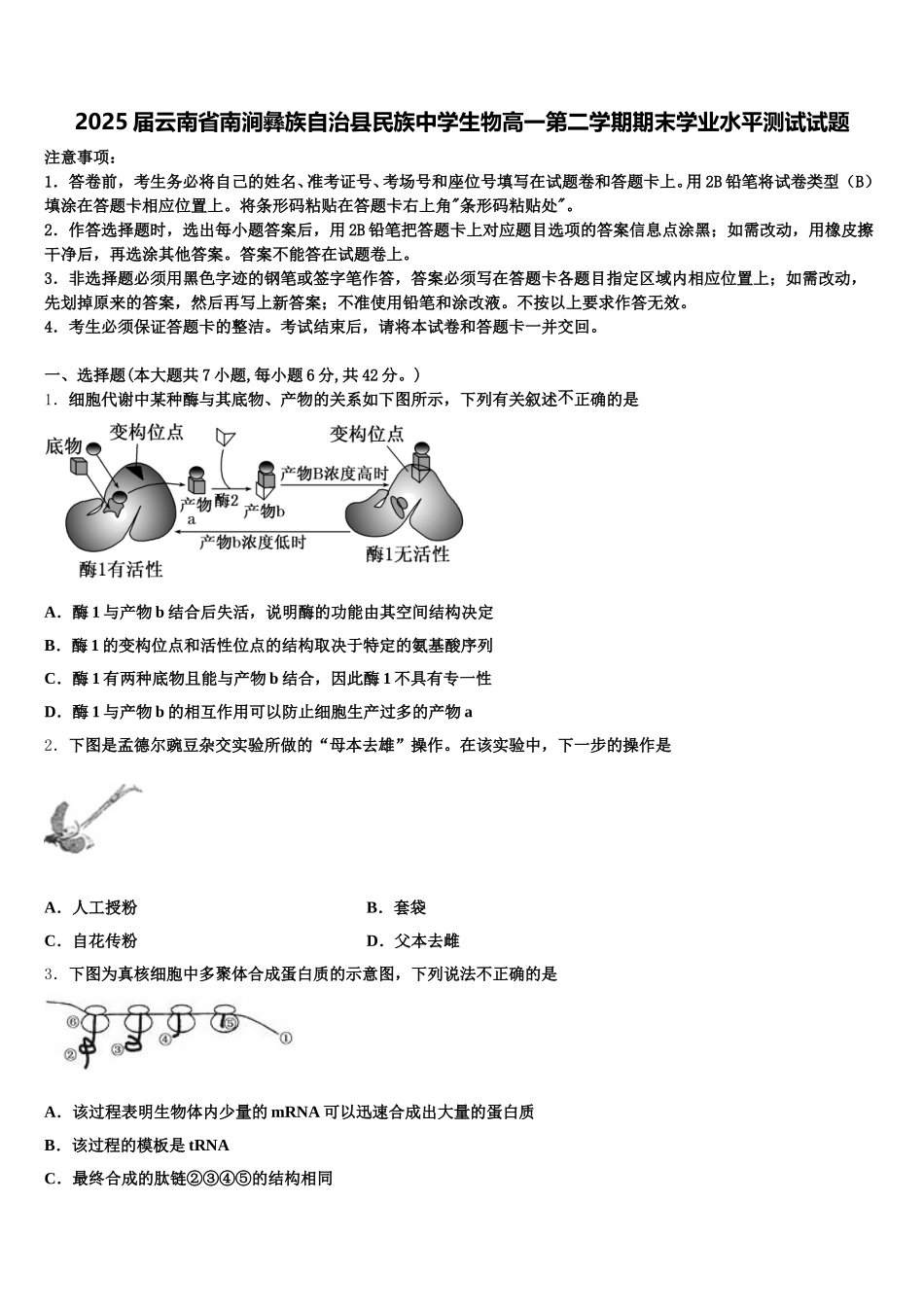 2025届云南省南涧彝族自治县民族中学生物高一第二学期期末学业水平测试试题含解析_第1页