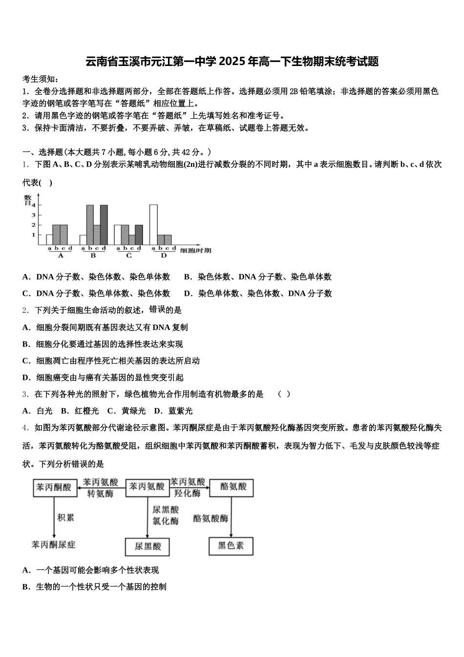 云南省玉溪市元江第一中学2025年高一下生物期末统考试题含解析_第1页