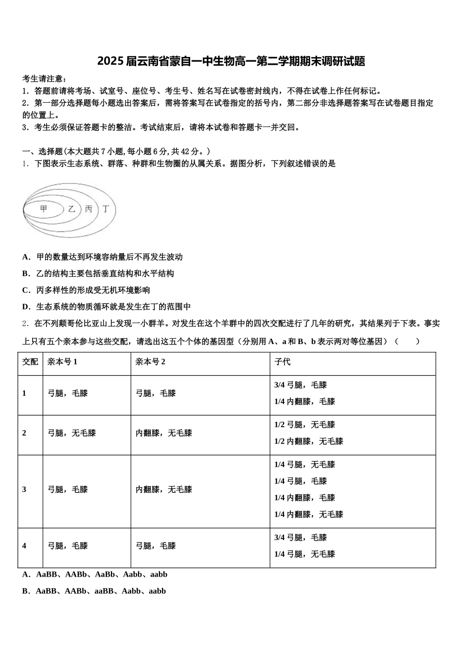 2025届云南省蒙自一中生物高一第二学期期末调研试题含解析_第1页