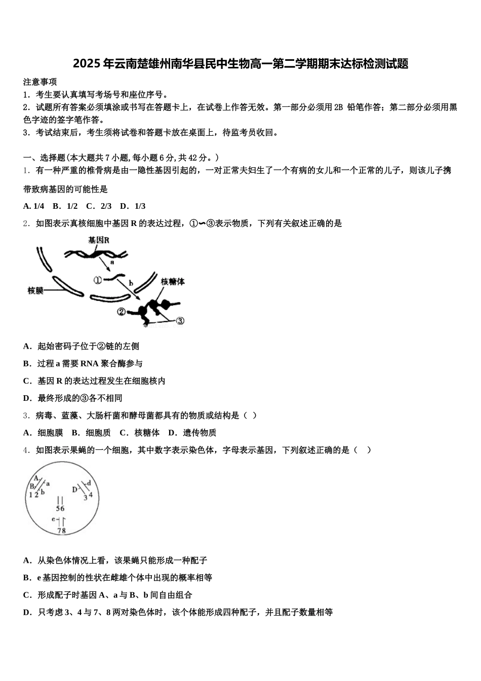 2025年云南楚雄州南华县民中生物高一第二学期期末达标检测试题含解析_第1页