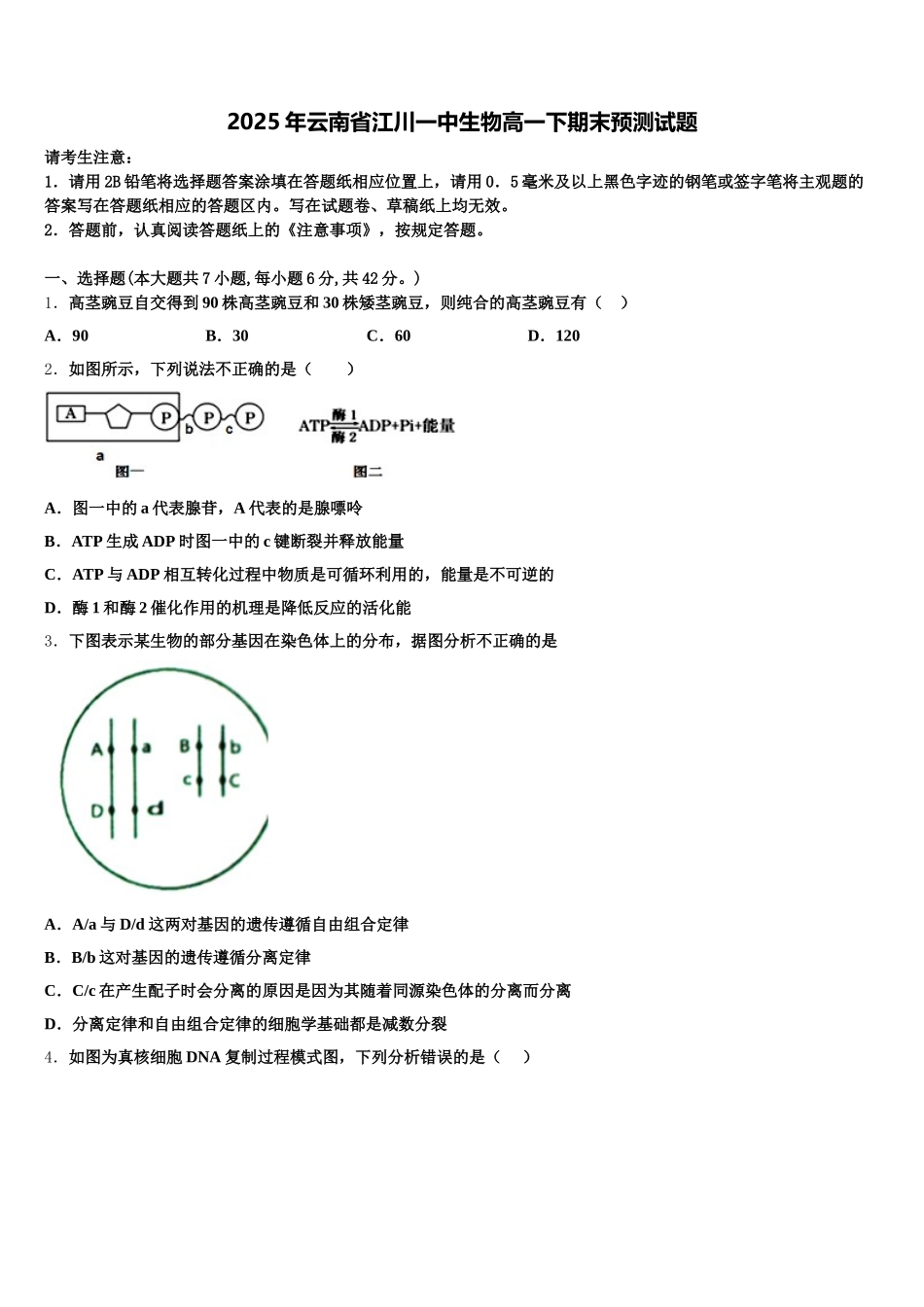 2025年云南省江川一中生物高一下期末预测试题含解析_第1页