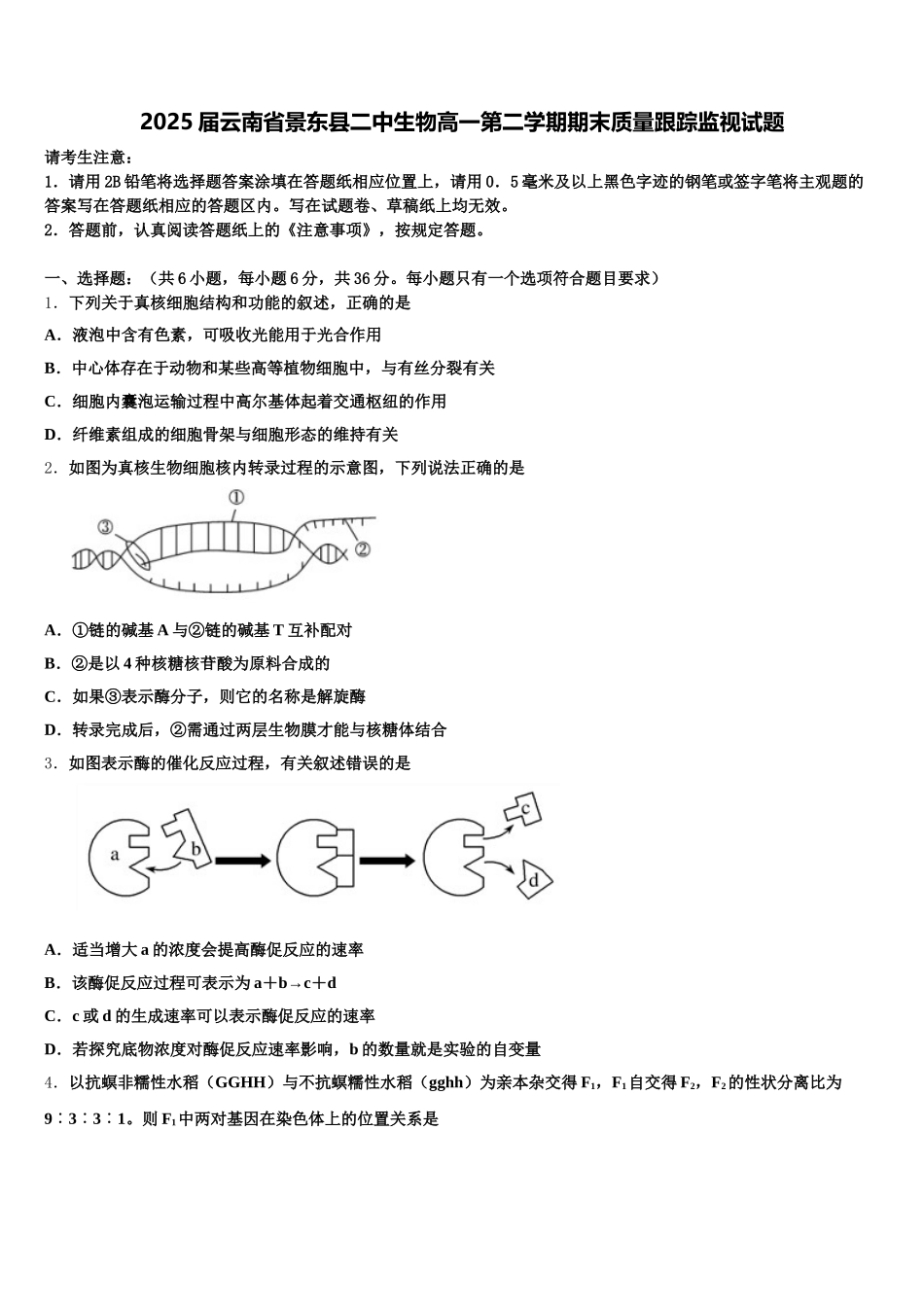 2025届云南省景东县二中生物高一第二学期期末质量跟踪监视试题含解析_第1页