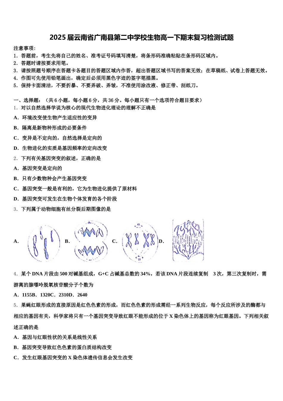 2025届云南省广南县第二中学校生物高一下期末复习检测试题含解析_第1页