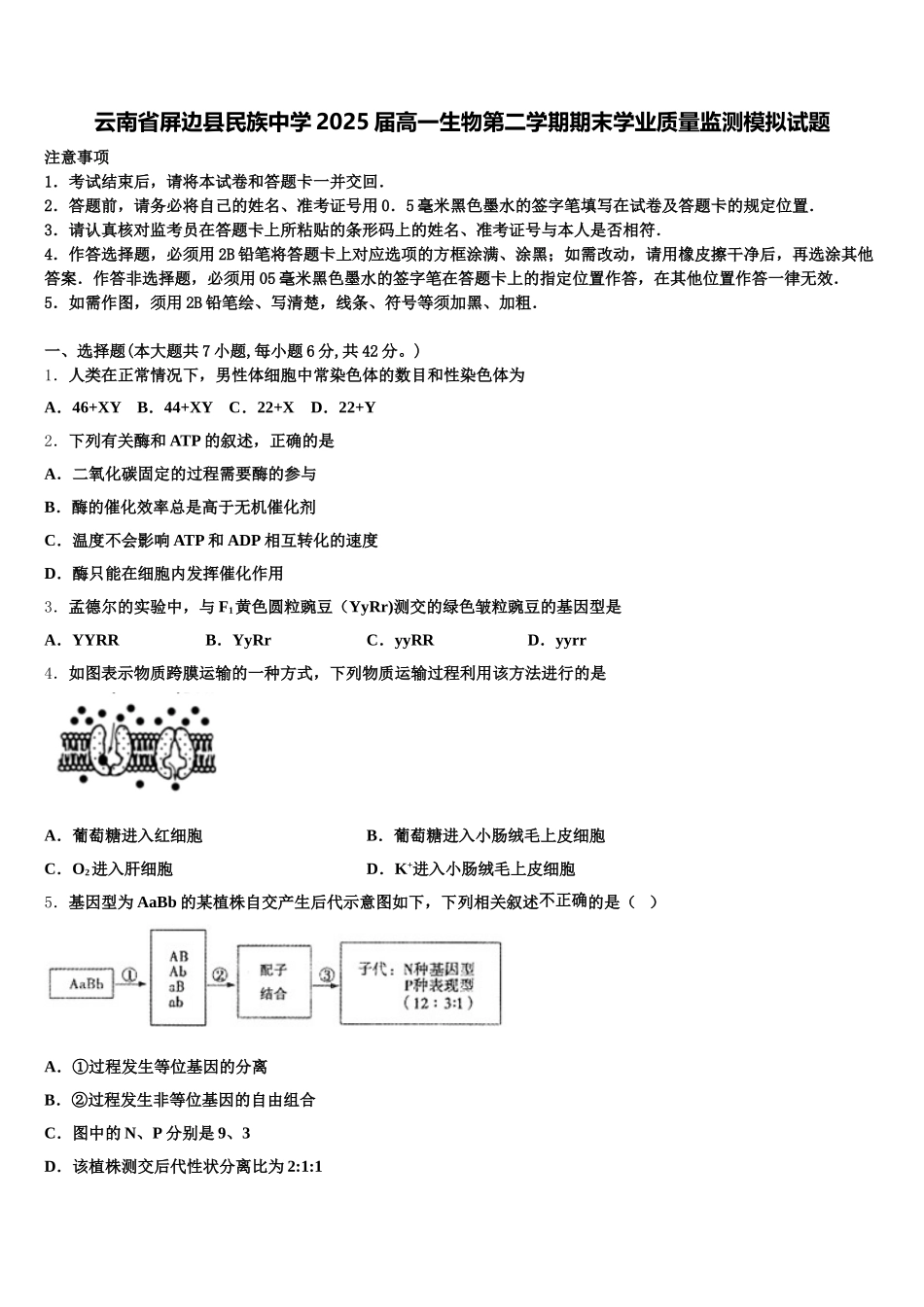 云南省屏边县民族中学2025届高一生物第二学期期末学业质量监测模拟试题含解析_第1页