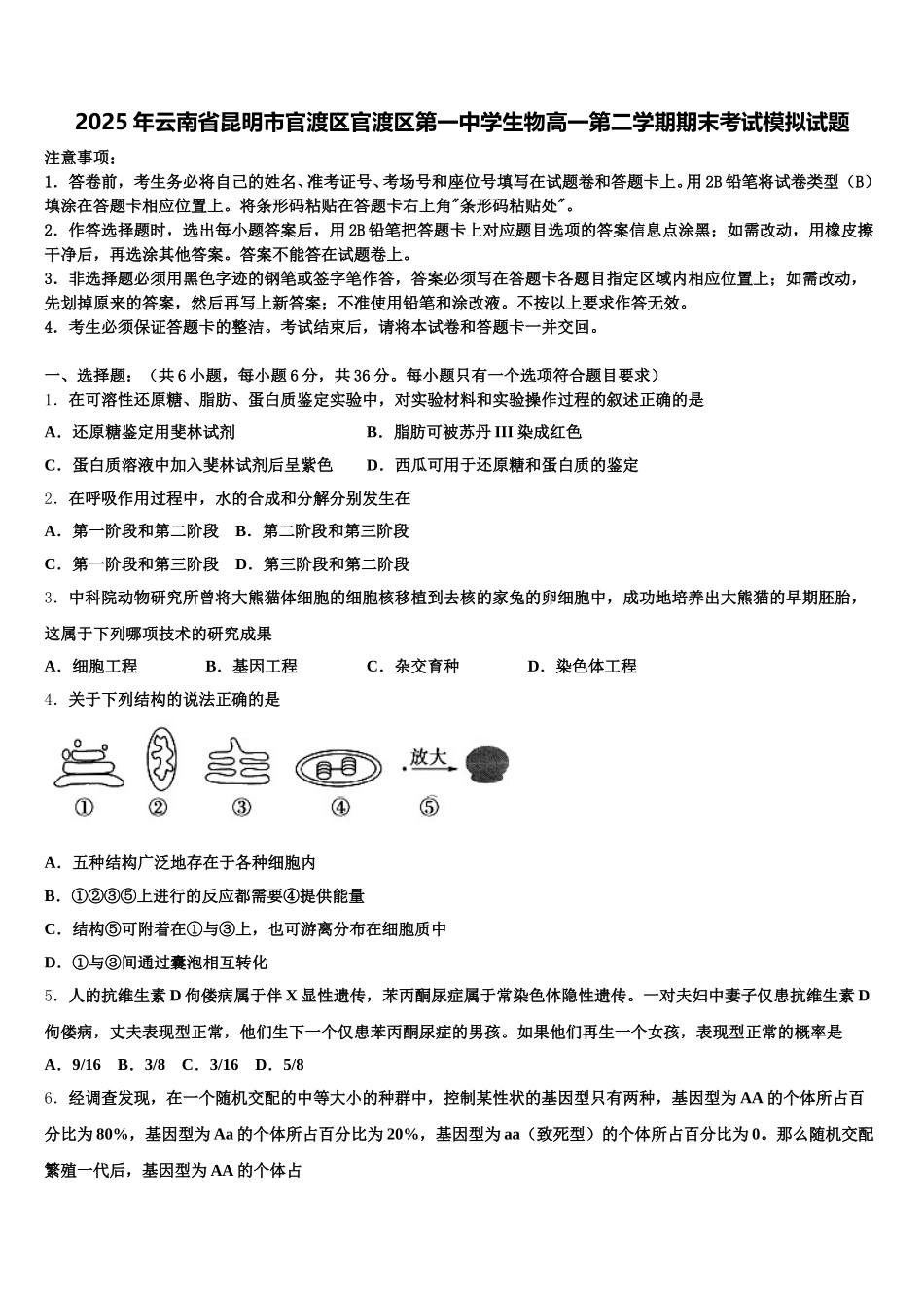 2025年云南省昆明市官渡区官渡区第一中学生物高一第二学期期末考试模拟试题含解析_第1页