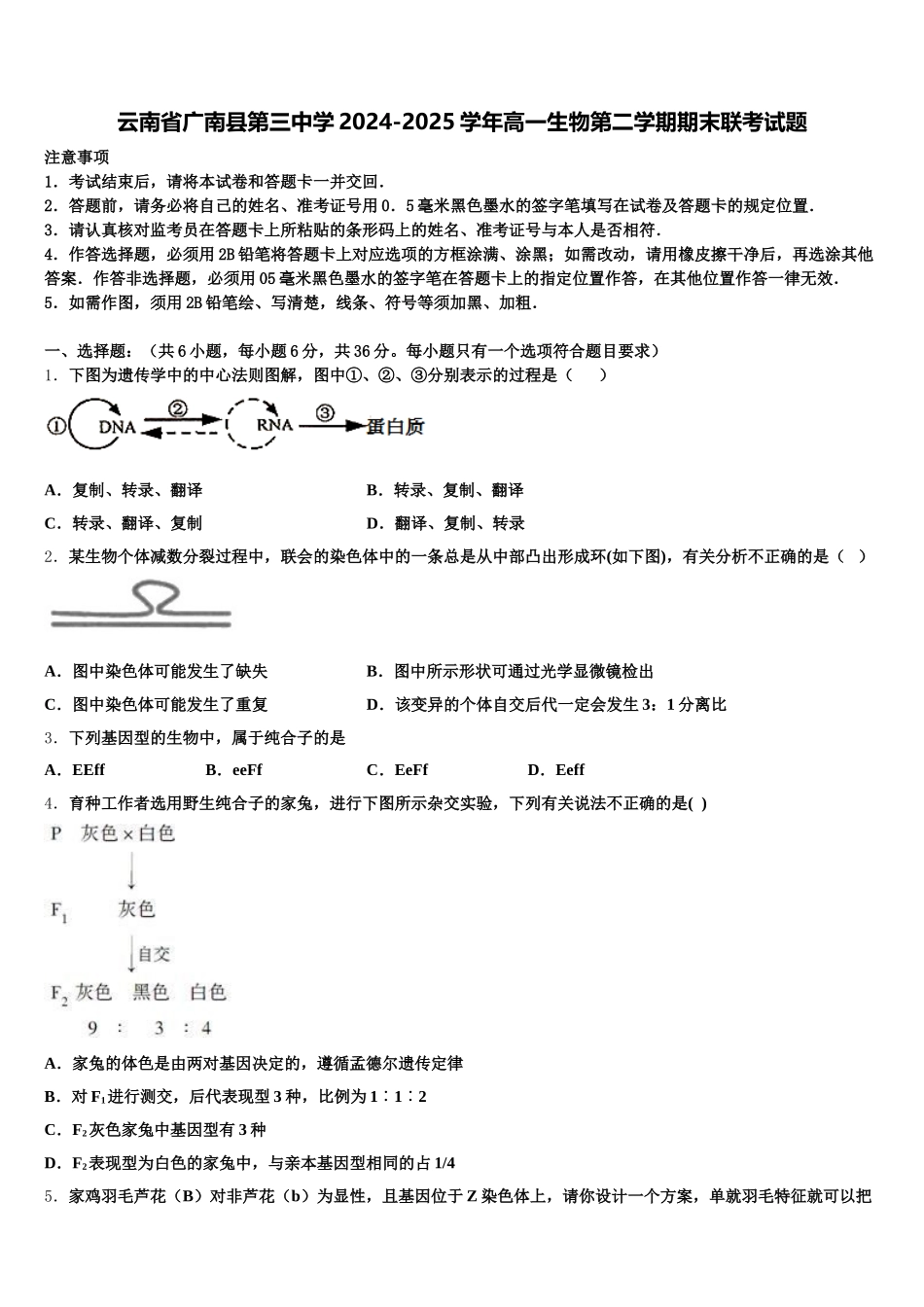 云南省广南县第三中学2024-2025学年高一生物第二学期期末联考试题含解析_第1页