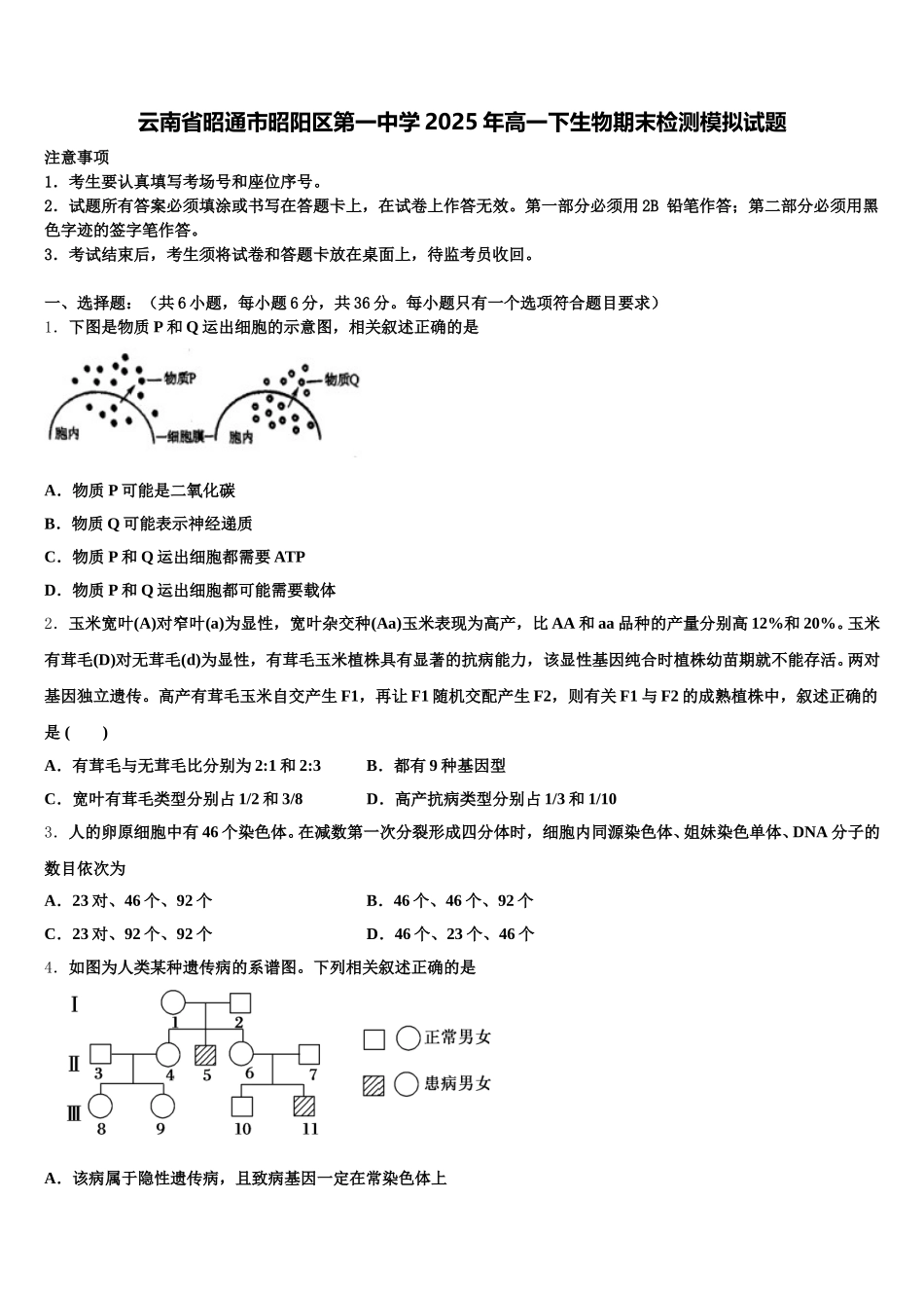 云南省昭通市昭阳区第一中学2025年高一下生物期末检测模拟试题含解析_第1页