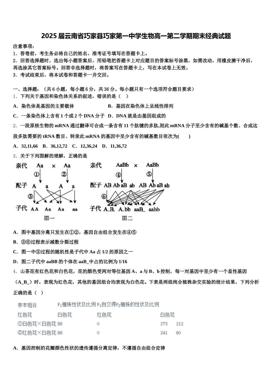 2025届云南省巧家县巧家第一中学生物高一第二学期期末经典试题含解析_第1页