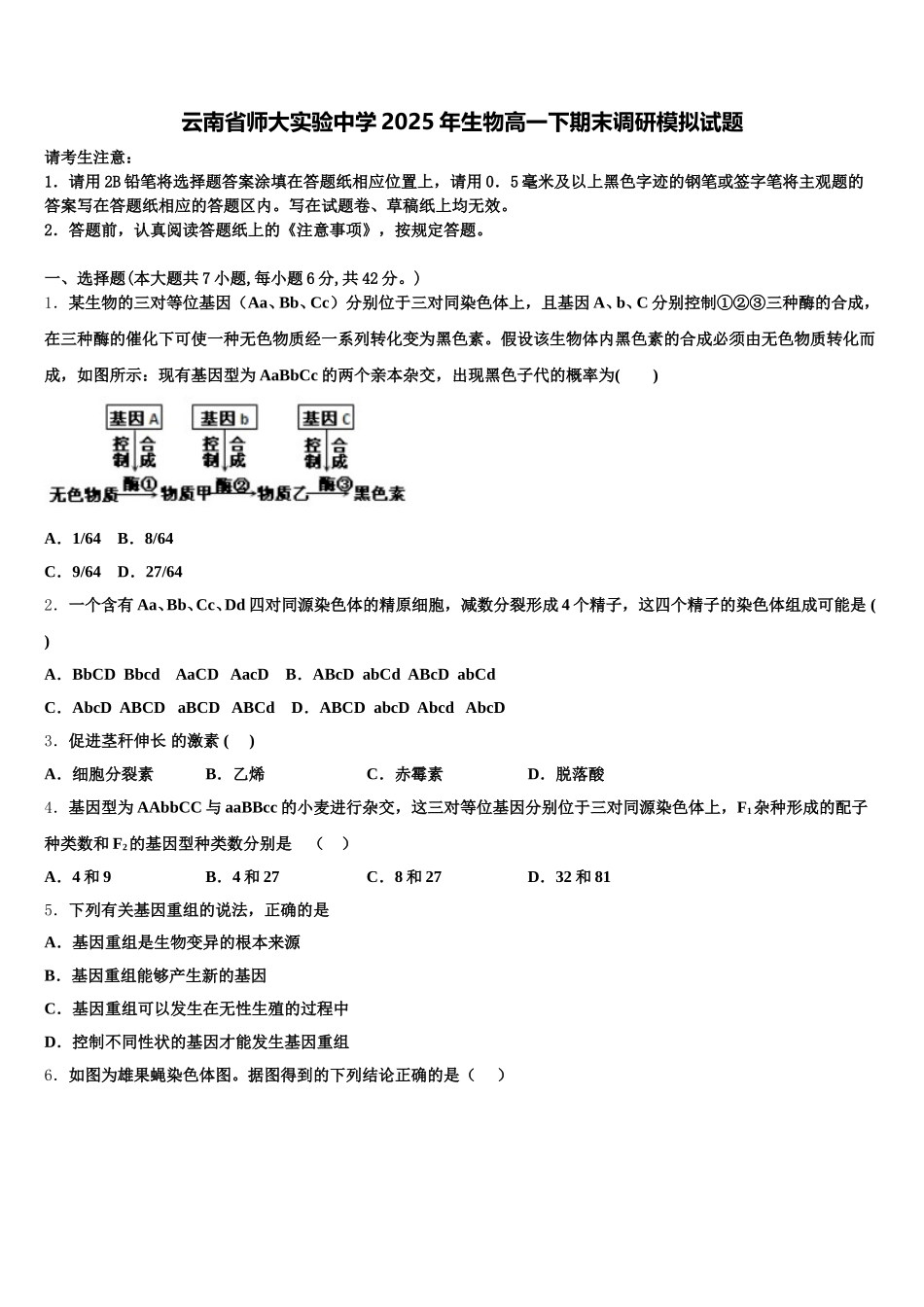 云南省师大实验中学2025年生物高一下期末调研模拟试题含解析_第1页