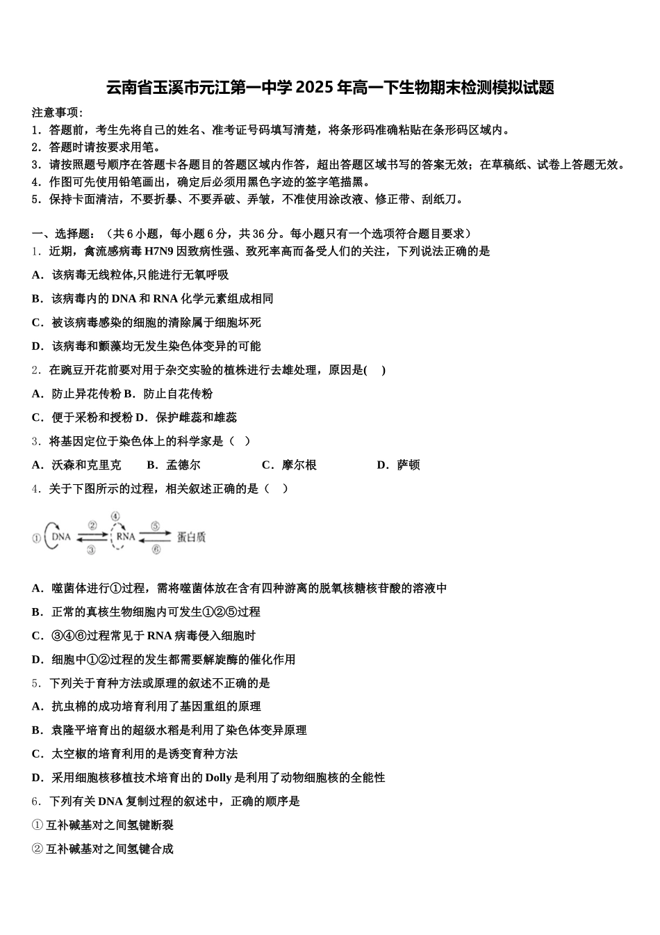 云南省玉溪市元江第一中学2025年高一下生物期末检测模拟试题含解析_第1页