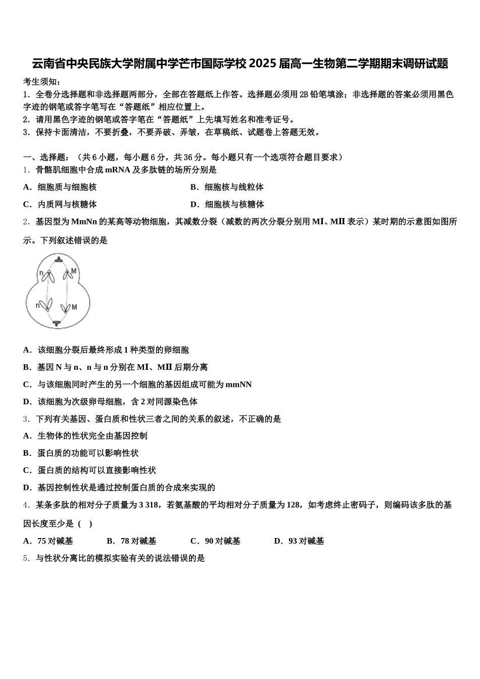 云南省中央民族大学附属中学芒市国际学校2025届高一生物第二学期期末调研试题含解析_第1页