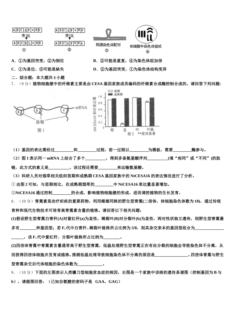 2025届云南省陆良县第八中学高一生物第二学期期末综合测试模拟试题含解析_第2页