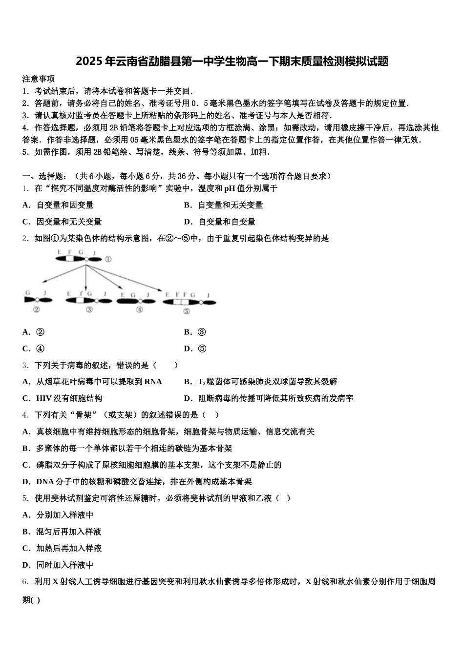 2025年云南省勐腊县第一中学生物高一下期末质量检测模拟试题含解析_第1页