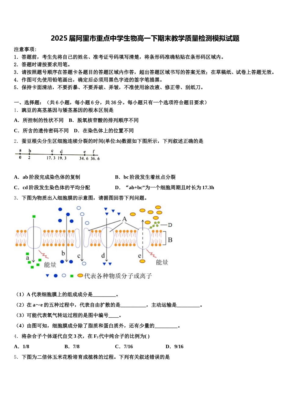 2025届阿里市重点中学生物高一下期末教学质量检测模拟试题含解析_第1页