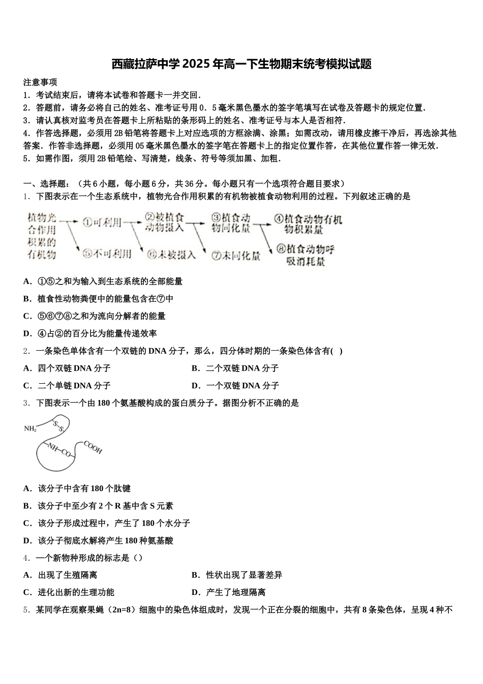 西藏拉萨中学2025年高一下生物期末统考模拟试题含解析_第1页