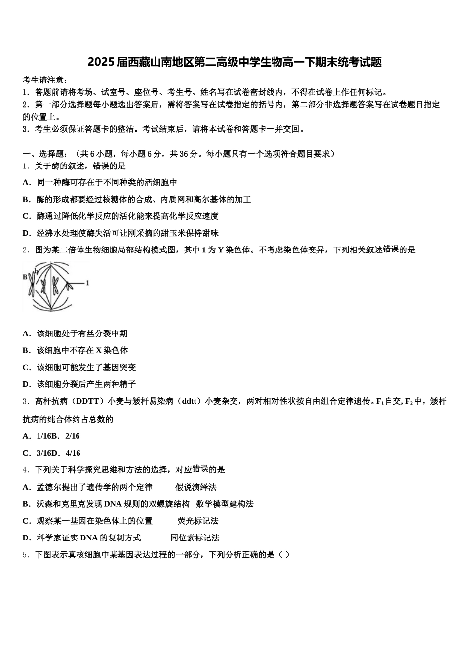 2025届西藏山南地区第二高级中学生物高一下期末统考试题含解析_第1页