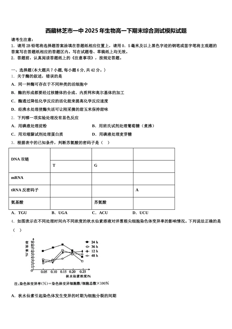 西藏林芝市一中2025年生物高一下期末综合测试模拟试题含解析_第1页