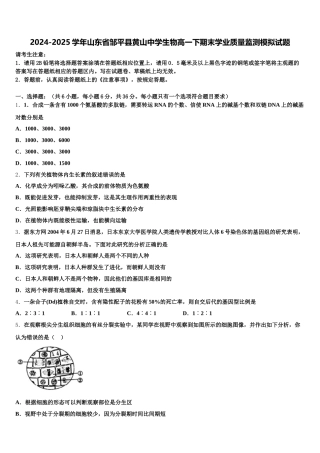 2024-2025学年山东省邹平县黄山中学生物高一下期末学业质量监测模拟试题含解析