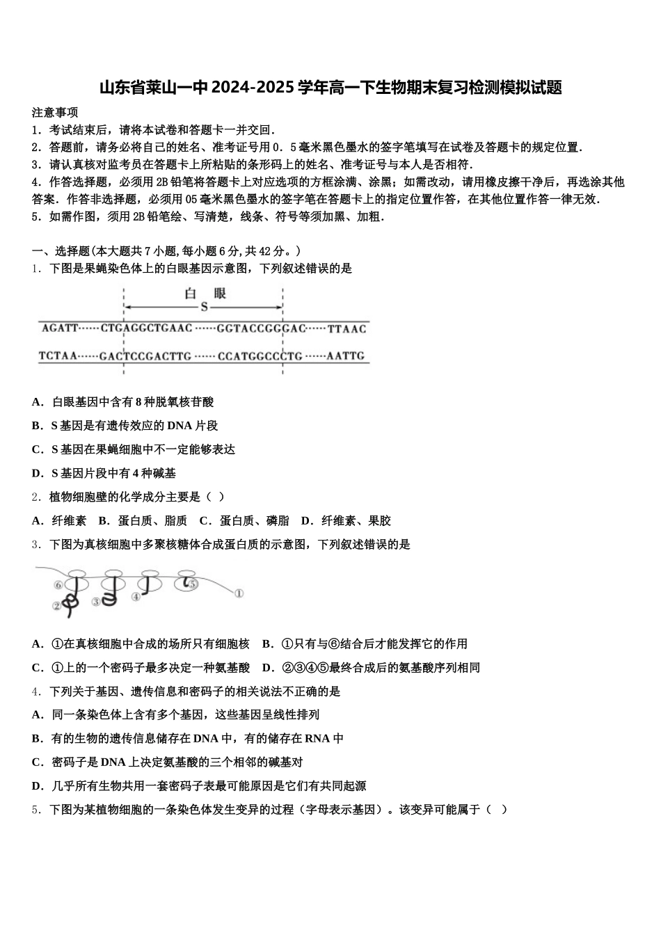 山东省莱山一中2024-2025学年高一下生物期末复习检测模拟试题含解析_第1页