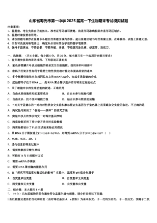 山东省寿光市第一中学2025届高一下生物期末考试模拟试题含解析